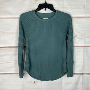 Chasor Top Womens XS Green Waffle Knit T-Shirt Crew Neck Button Sleeve Solid